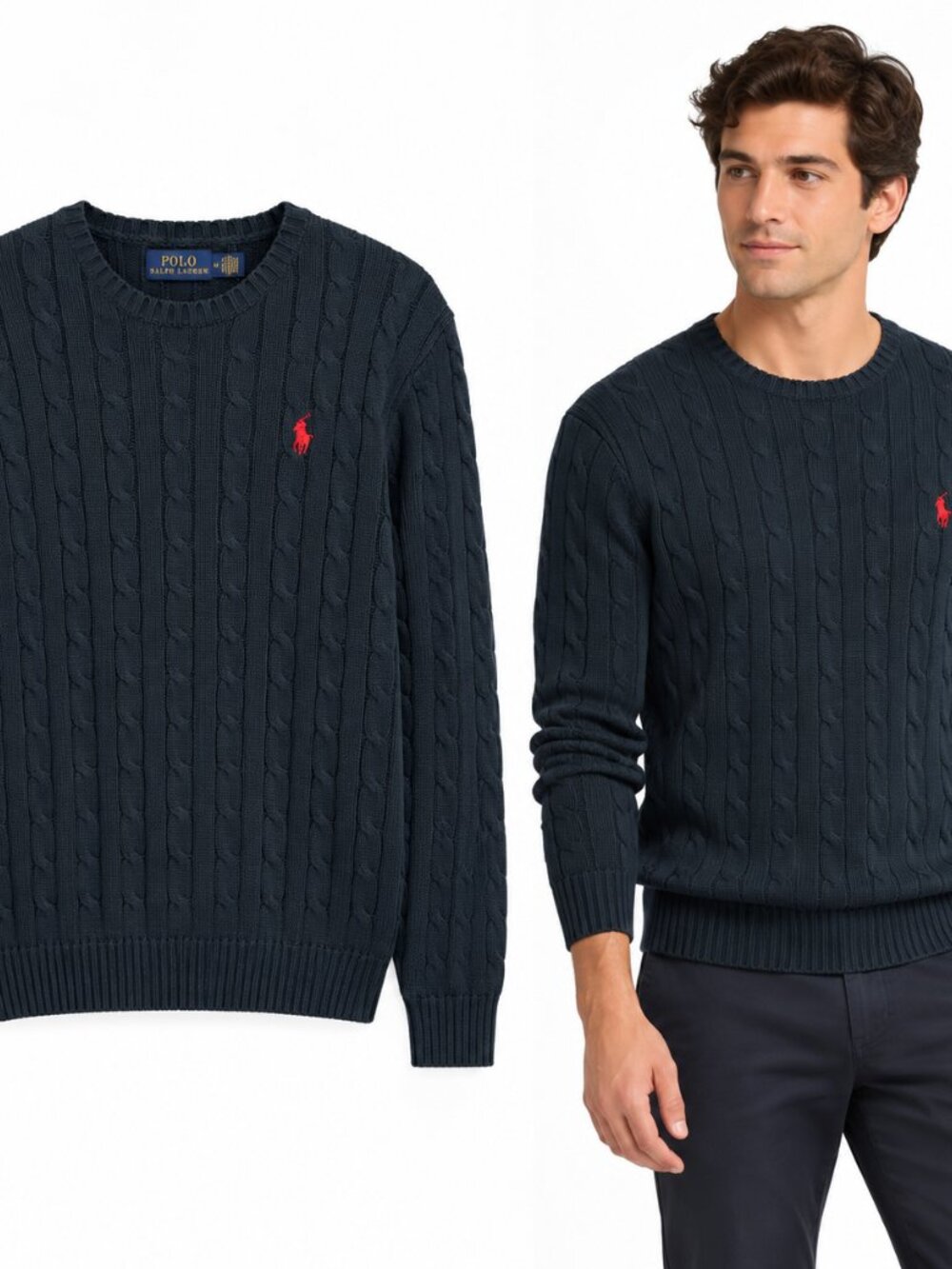 Polo Ralph Lauren Cable Knit Cotton Sweater Dark Green Red Pony - Picture 7 of 10